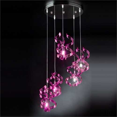 Metal Lux Astro 5 Light Pendant Light with Magenta Spiral Glass