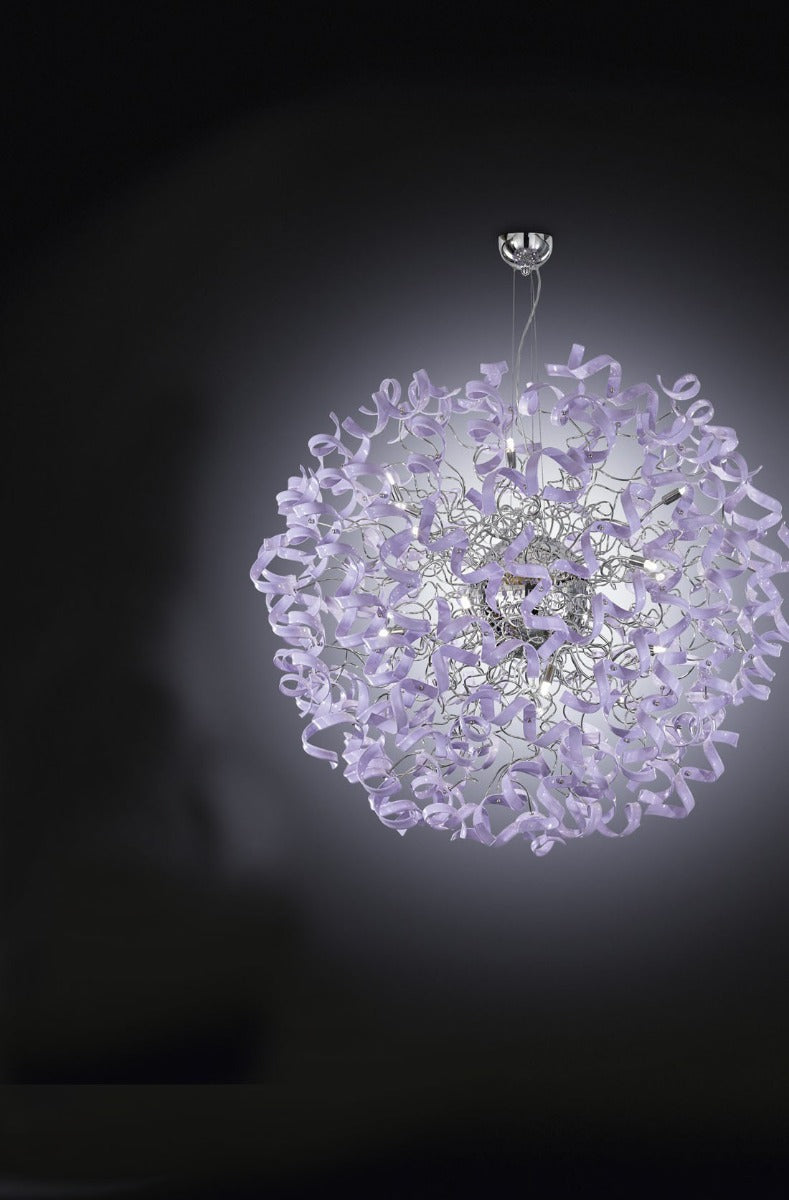 Metal Lux Astro 18 Light Pendant Light with Lilac Spiral Glass
