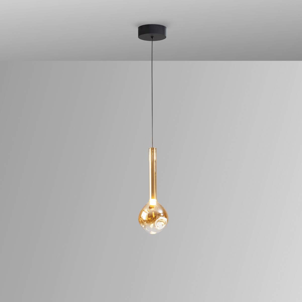 Schuller Essenza Single Pendant in Matt Black with Amber Glass Shade
