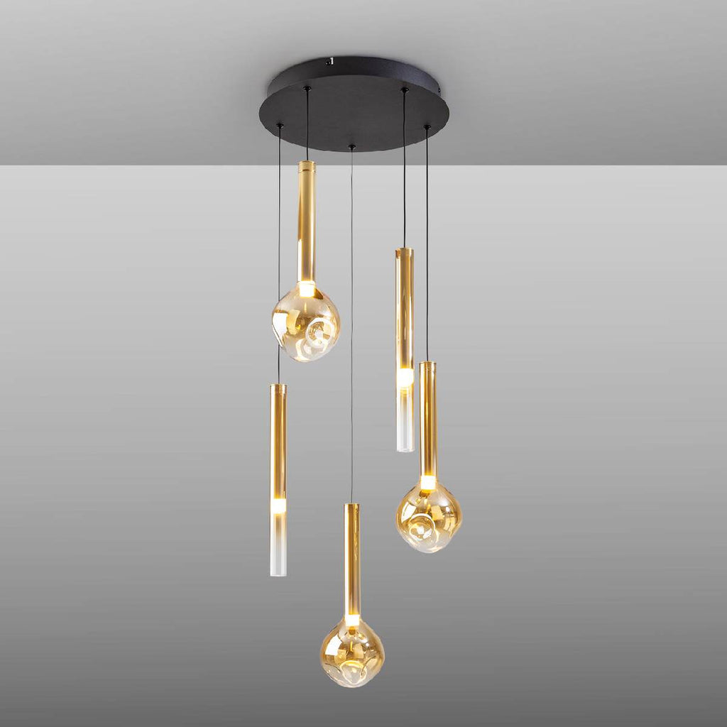Schuller Essenza 5 Light Pendant in Matt Black with Amber Glass Shade