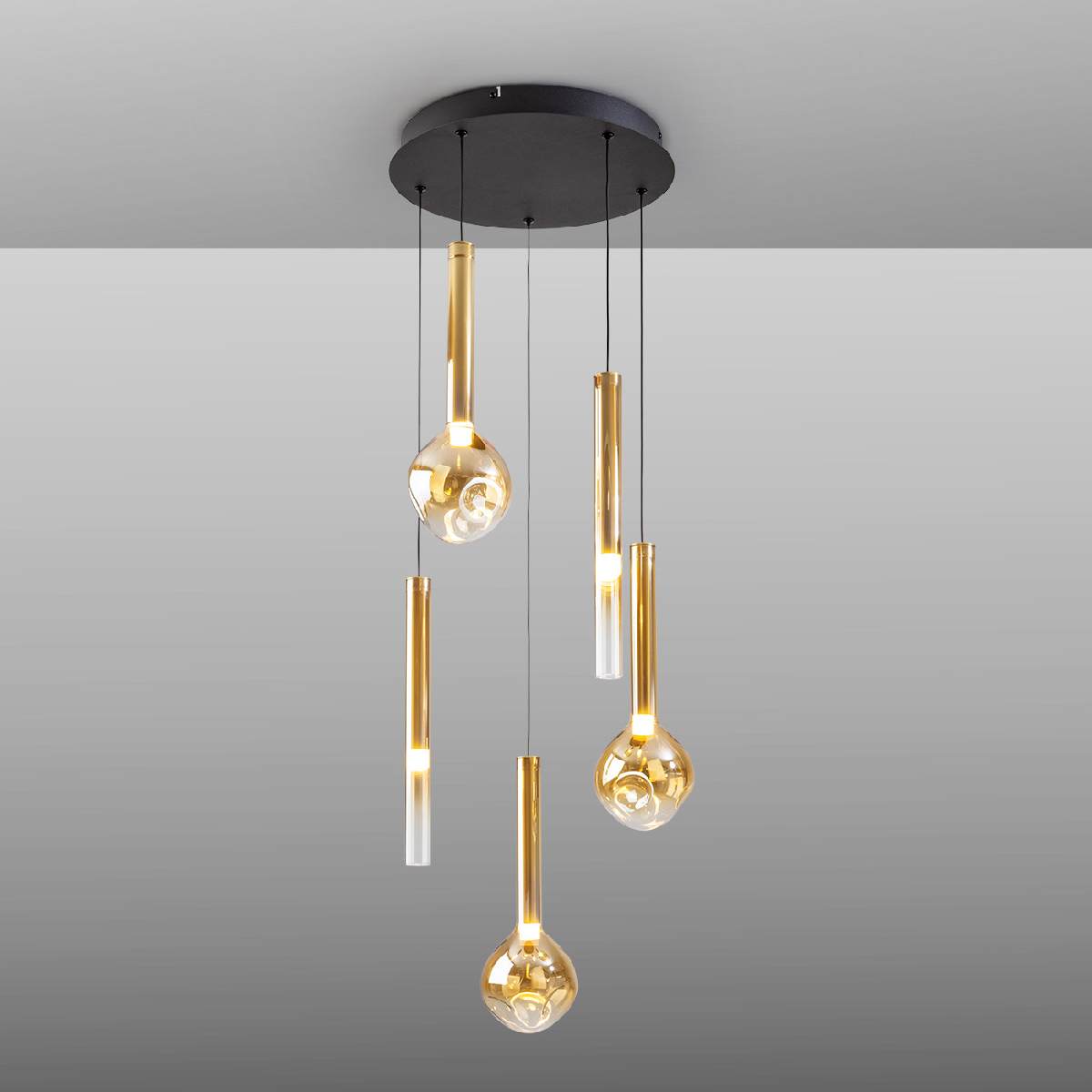Schuller Essenza 5 Light Pendant in Matt Black with Amber Glass Shade