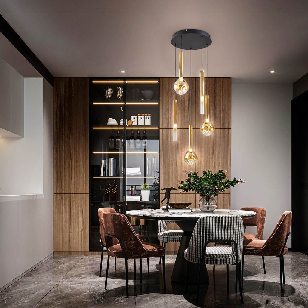 Schuller Essenza 5 Light Pendant in Matt Black with Amber Glass Shade