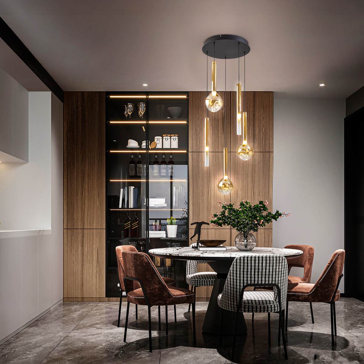 Schuller Essenza 5 Light Pendant in Matt Black with Amber Glass Shade