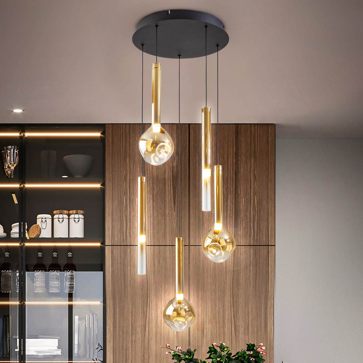 Schuller Essenza 5 Light Pendant in Matt Black with Amber Glass Shade