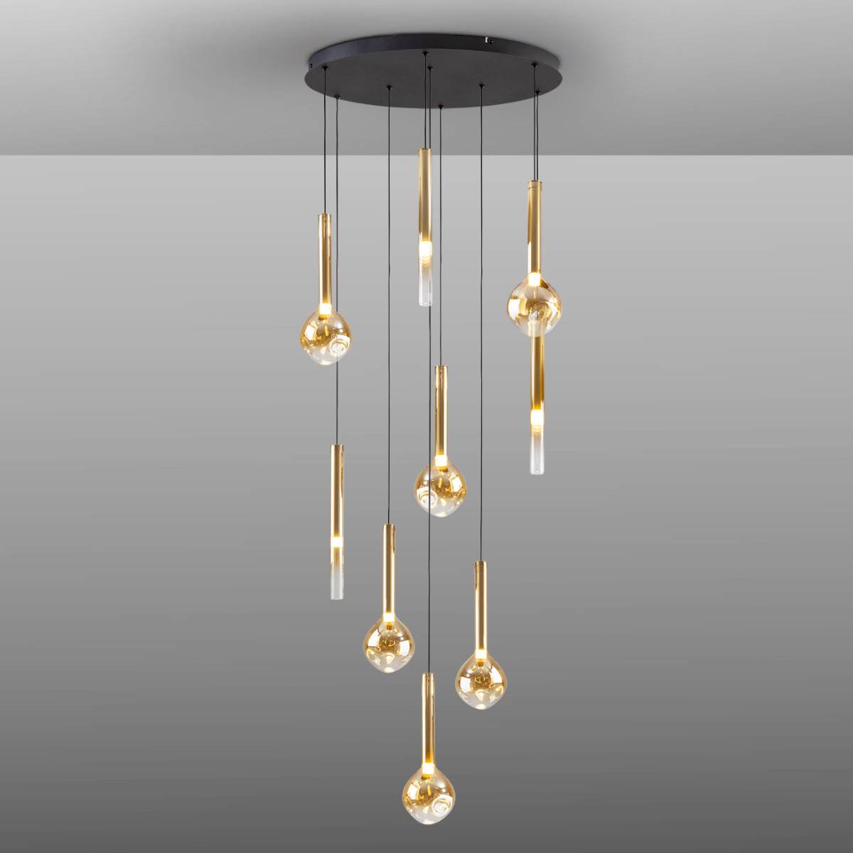 Schuller Essenza 9 Light Pendant in Matt Black with Amber Glass Shade