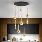 Schuller Essenza 9 Light Pendant in Matt Black with Amber Glass Shade
