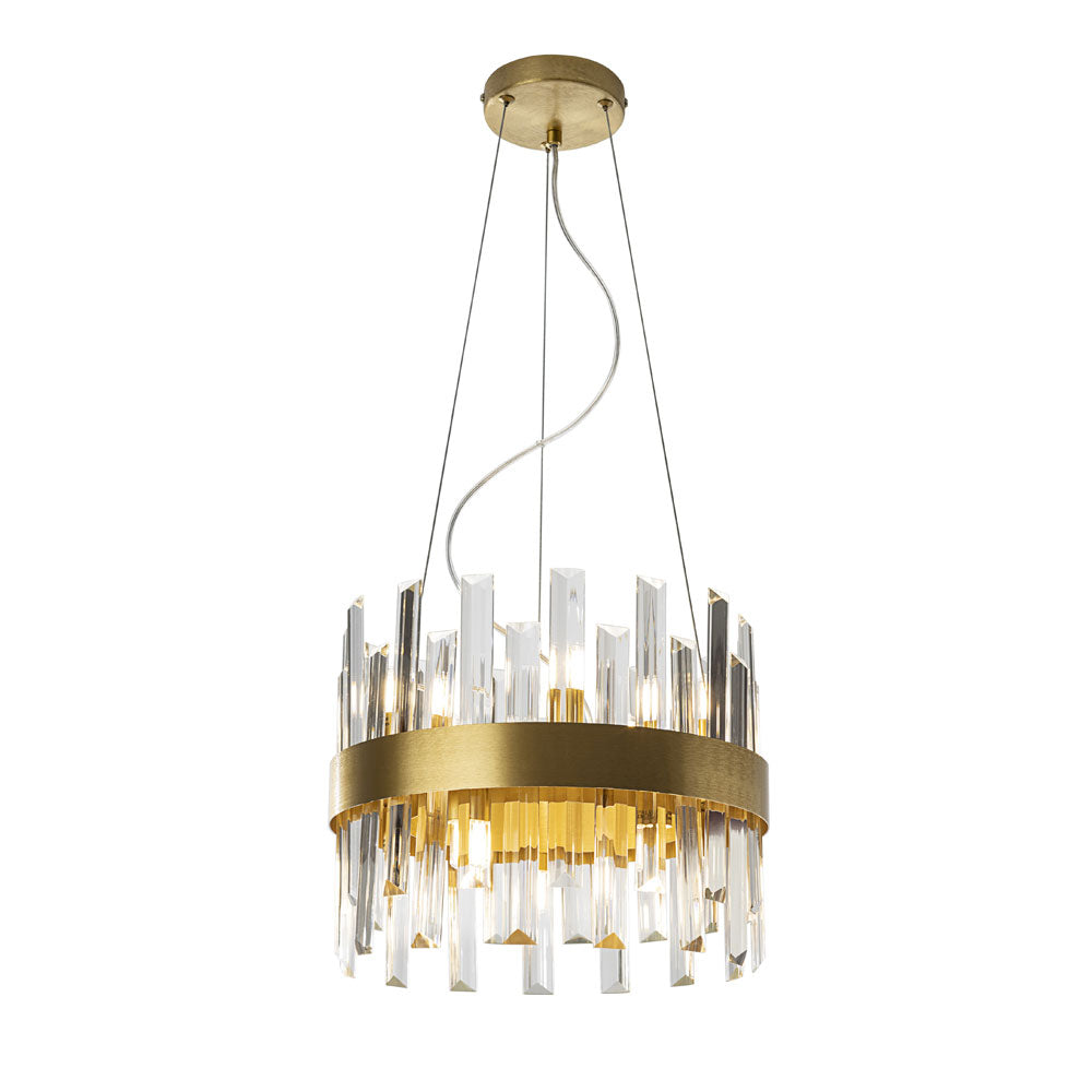 Schuller Grace 10 Light Pendant Light in Gold with Clear Glass Prism Diffusers