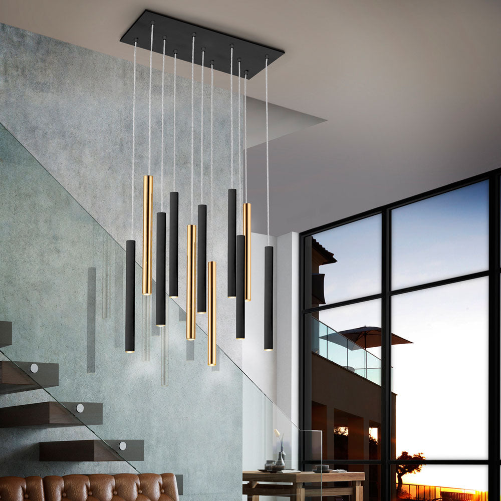 Schuller Varas 11 Light Pendant Light in Gold with Matt Black Opal Diffuser