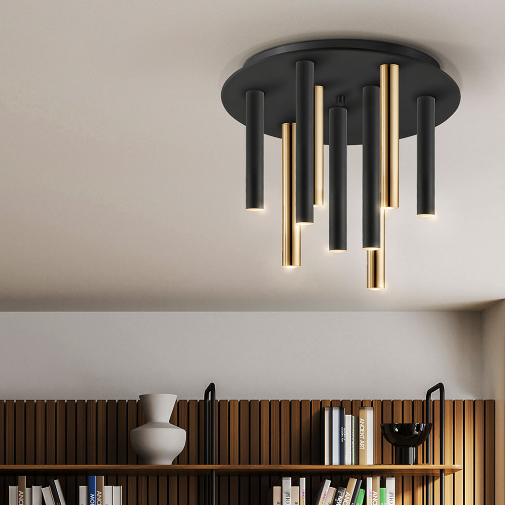 Schuller Varas 9 Light Round Pendant Light in Matt Black and Gold
