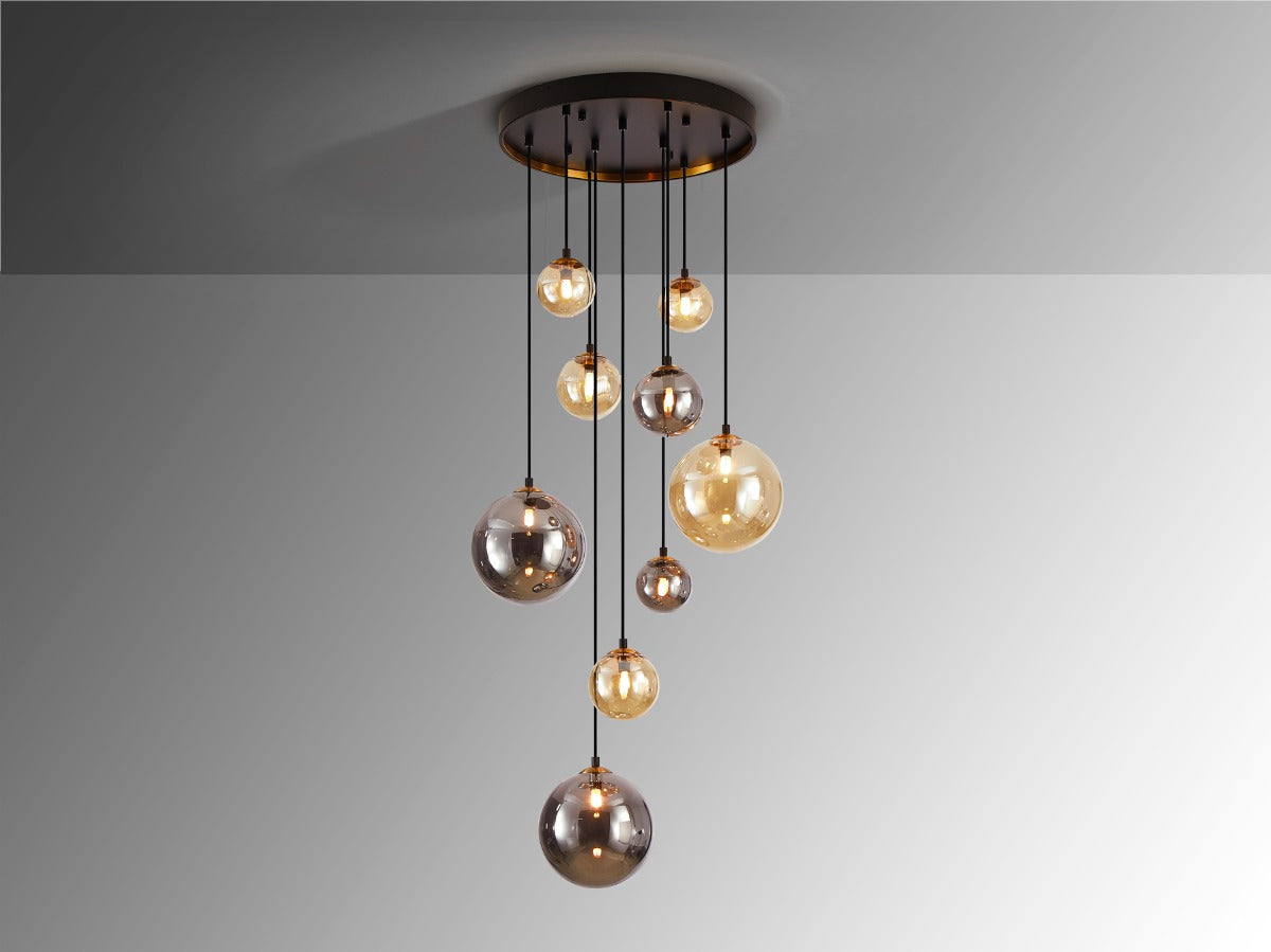 Schuller Dark 9 Light Pendant Light in Black Brass with Glass Shades
