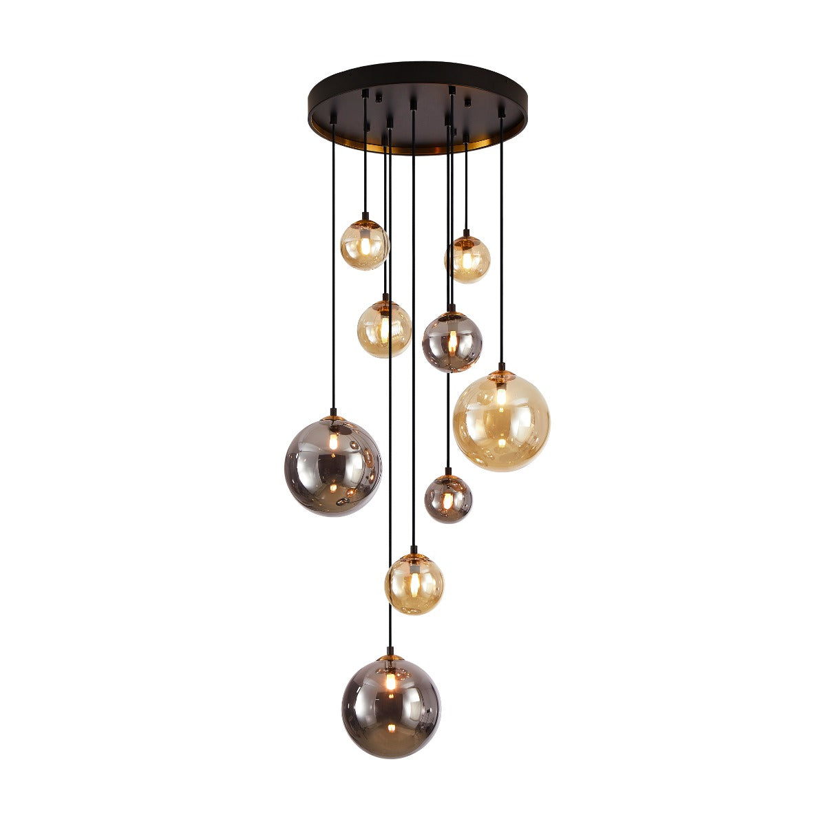 Schuller Dark 9 Light Pendant Light in Black Brass with Glass Shades
