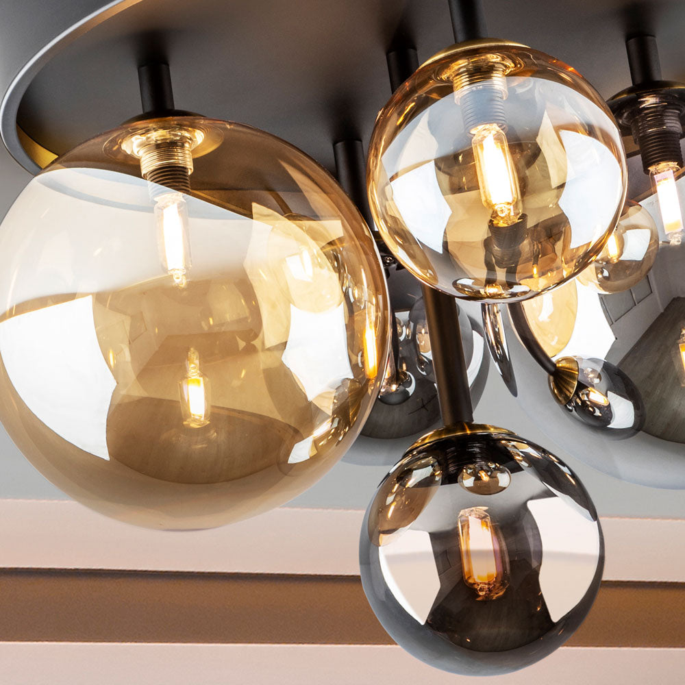 Schuller Dark 5 Light Flush Ceiling Light in Black Brass with Glass Shades