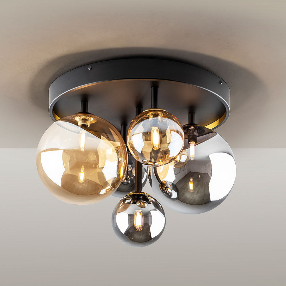 Schuller Dark 5 Light Flush Ceiling Light in Black Brass with Glass Shades