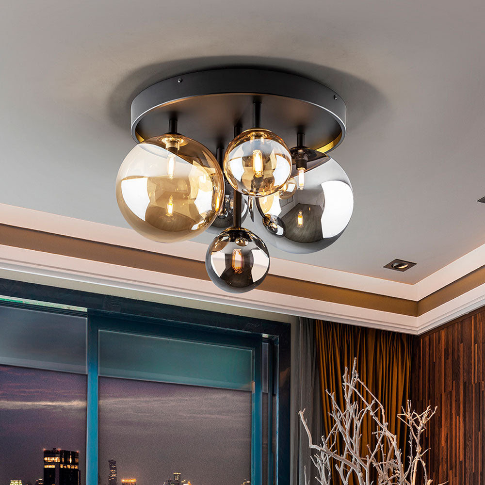 Schuller Dark 5 Light Flush Ceiling Light in Black Brass with Glass Shades