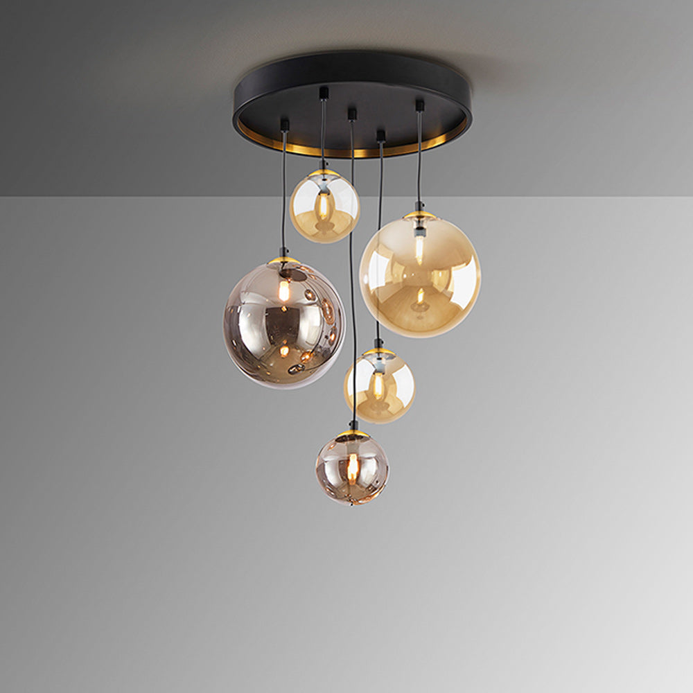 Schuller Dark 5 Light Pendant Light in Black Brass with Glass Shades
