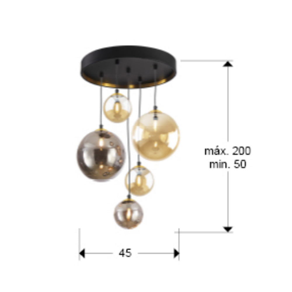 Schuller Dark 5 Light Pendant Light in Black Brass with Glass Shades