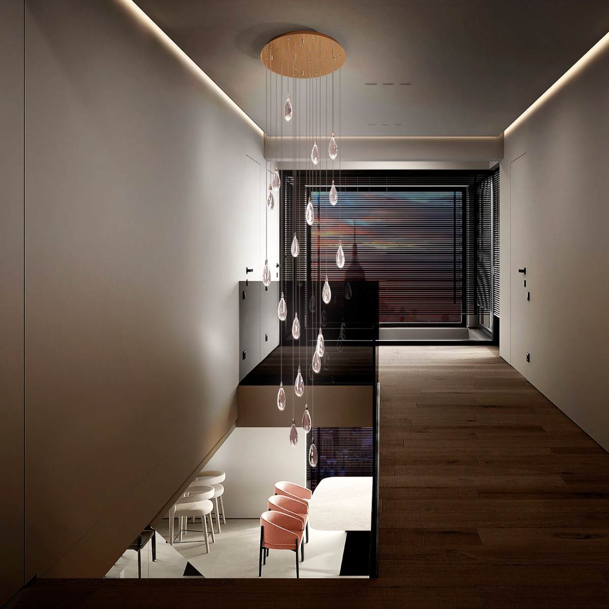 Schuller Lagrimas 20 Light Pendant in Rose Gold with Cut Glass Droplets