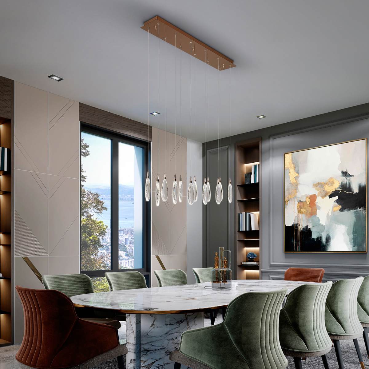 Schuller Lagrimas 12 Light Linear Pendant in Rose Gold with Cut Glass Droplets