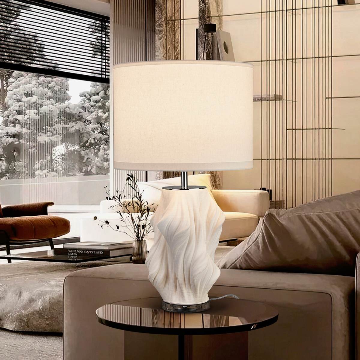 Schuller Kaos Table Lamp in 3D Printed White Ceramic with White Shade