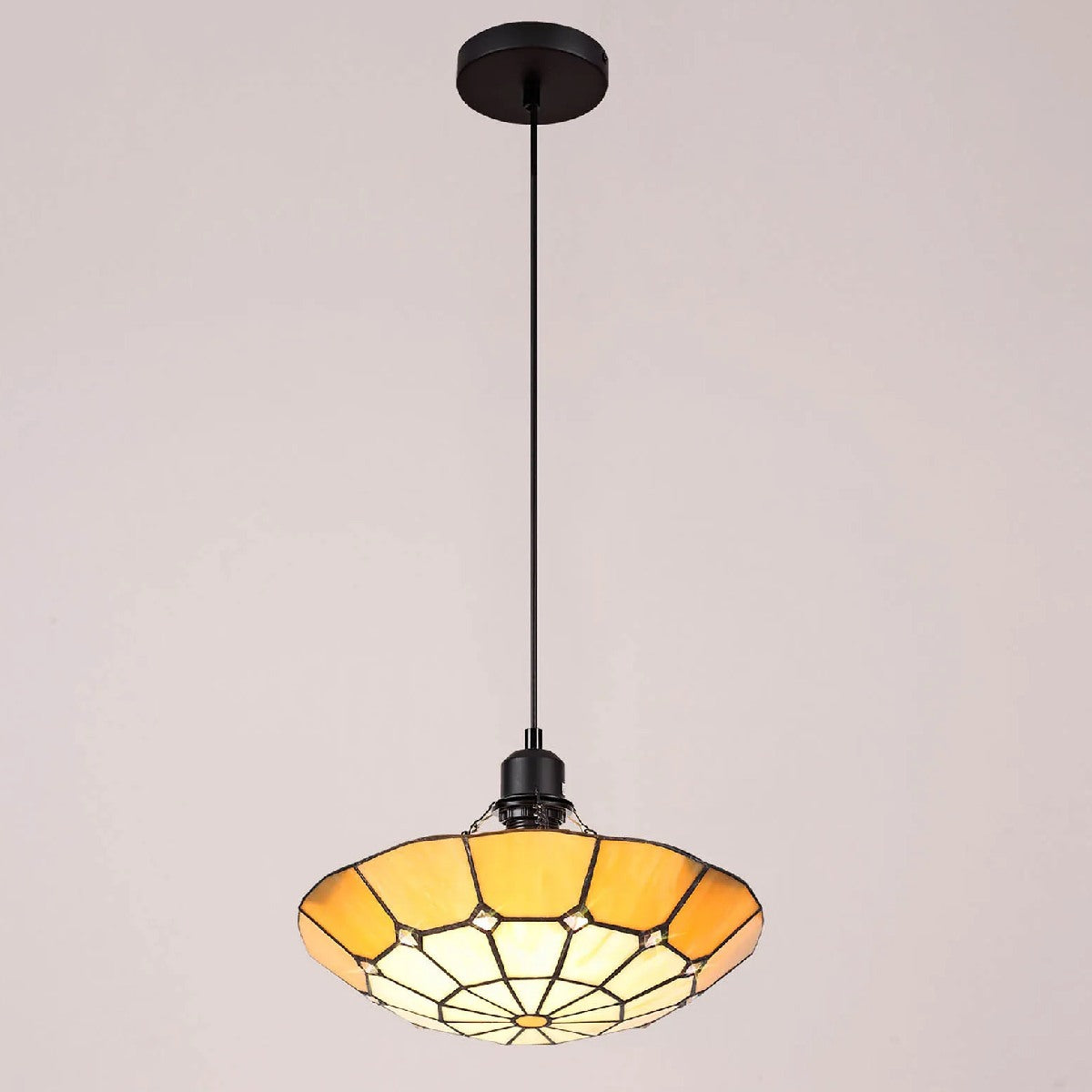 Novena Aurillac 1 Light Tiffany Pendant with 35cm Shade in Cream Beige Clear Crystal Centre Aged Antique Brass Trim Black