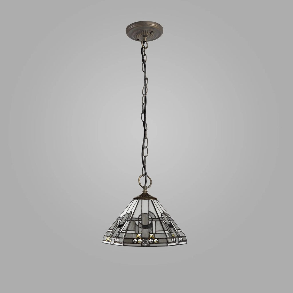 Novena Riom 3 Light Tiffany Downlighter Pendant with 30cm Shade in White Grey Black Clear Crystal Aged Antique Brass
