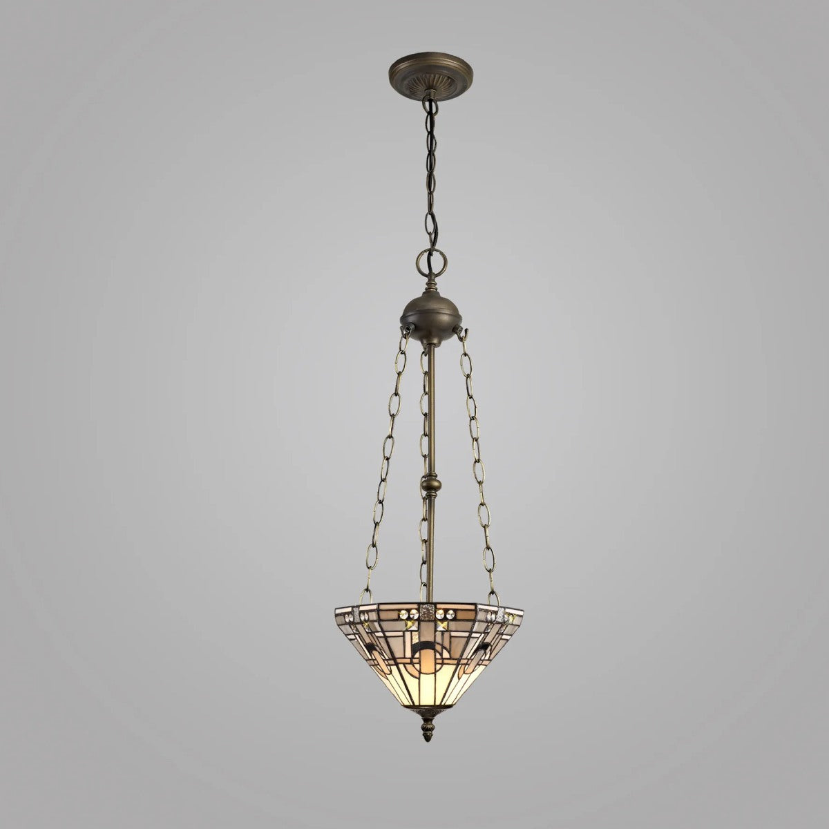 Novena Riom 3 Light Tiffany Uplighter Pendant with 30cm Shade in White Grey Black Clear Crystal Aged Antique Brass