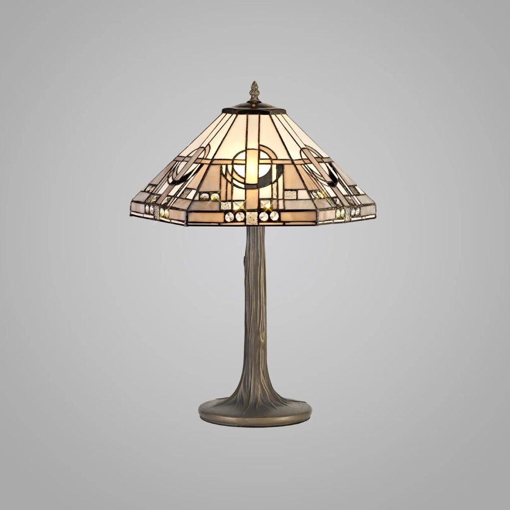 Novena Riom 2 Light Tiffany Tree Like Table Lamp with 40cm Shade in White Grey Black Clear Crystal Aged Antique Brass