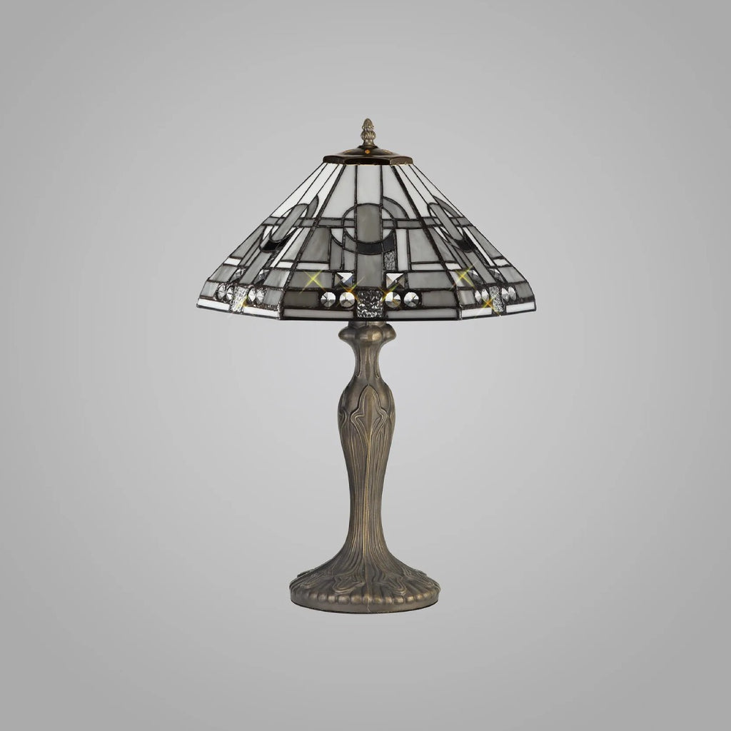 Novena Riom 2 Light Tiffany Curved Table Lamp with 40cm Shade in White Grey Black Clear Crystal Aged Antique Brass