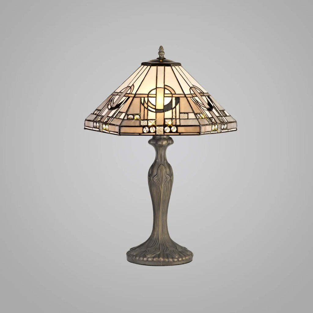 Novena Riom 2 Light Tiffany Curved Table Lamp with 40cm Shade in White Grey Black Clear Crystal Aged Antique Brass
