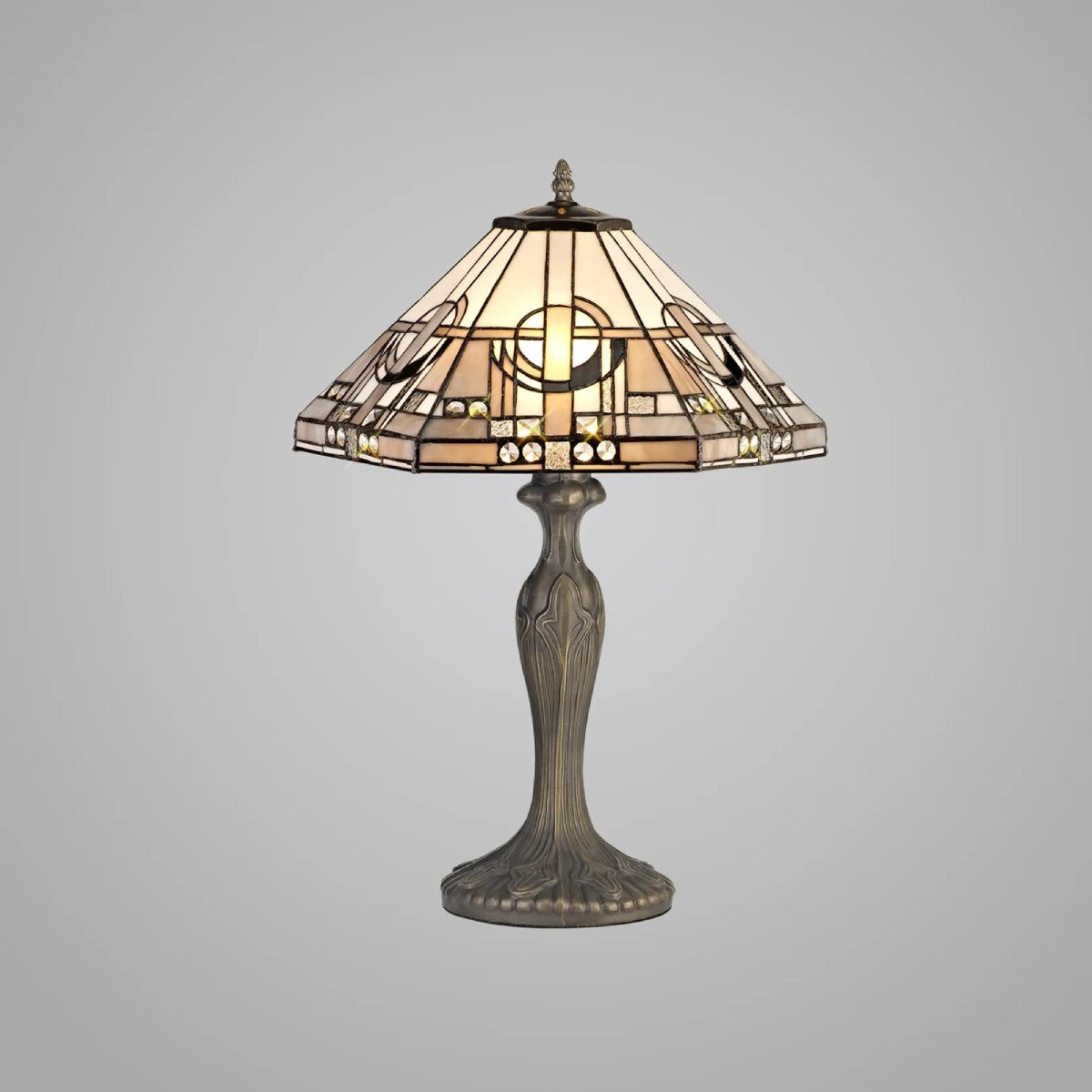 Novena Riom 2 Light Tiffany Curved Table Lamp with 40cm Shade in White Grey Black Clear Crystal Aged Antique Brass