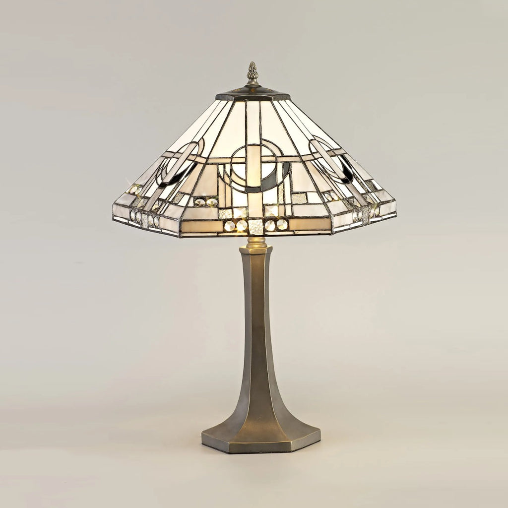 Novena Riom 2 Light Tiffany Octagonal Table Lamp with 40cm Shade in White Grey Black Clear Crystal Aged Antique Brass