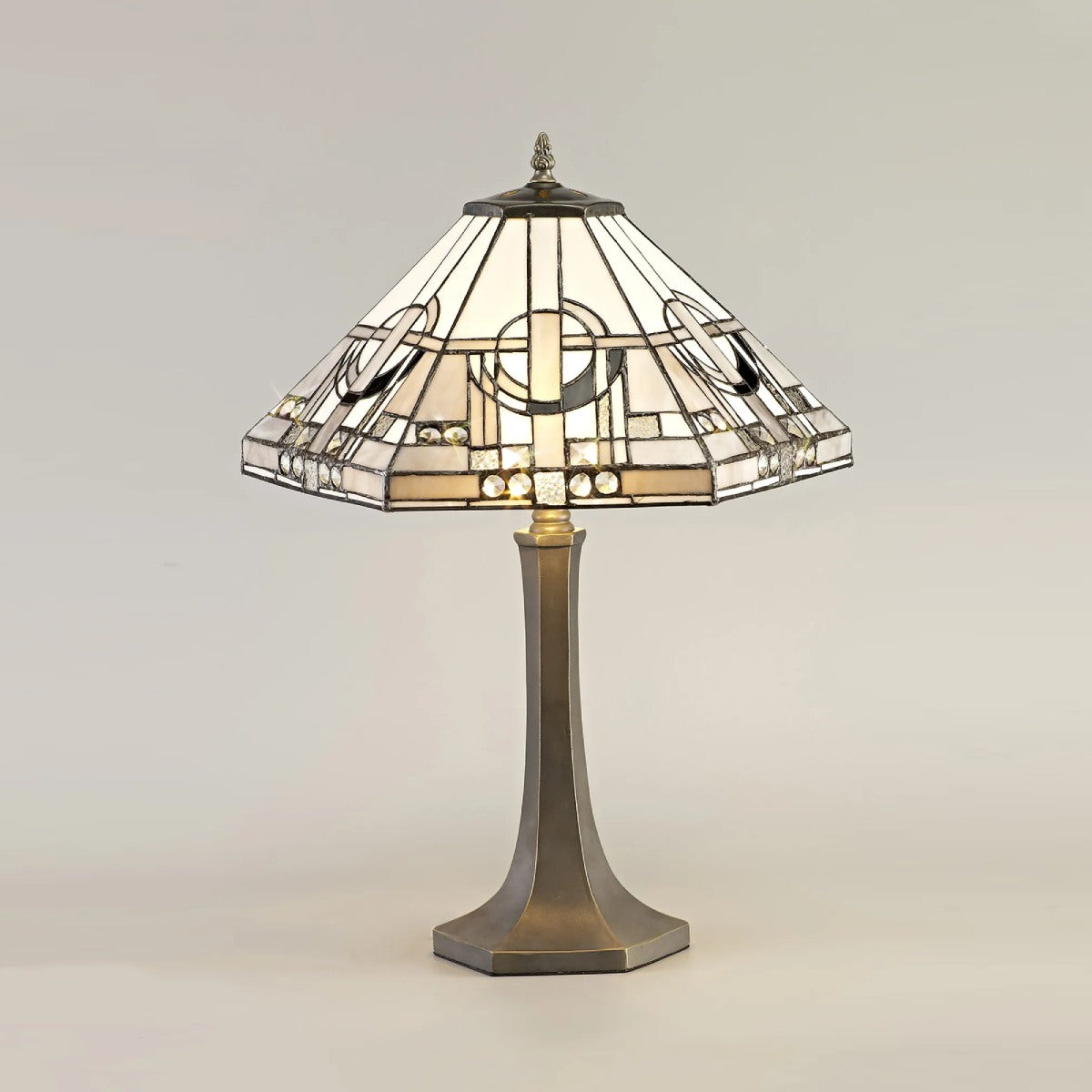 Novena Riom 2 Light Tiffany Octagonal Table Lamp with 40cm Shade in White Grey Black Clear Crystal Aged Antique Brass