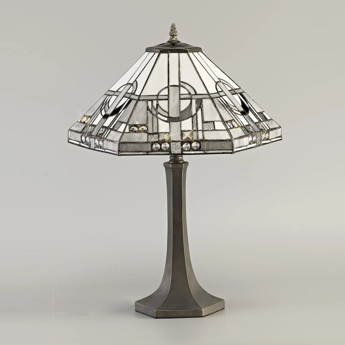 Novena Riom 2 Light Tiffany Octagonal Table Lamp with 40cm Shade in White Grey Black Clear Crystal Aged Antique Brass