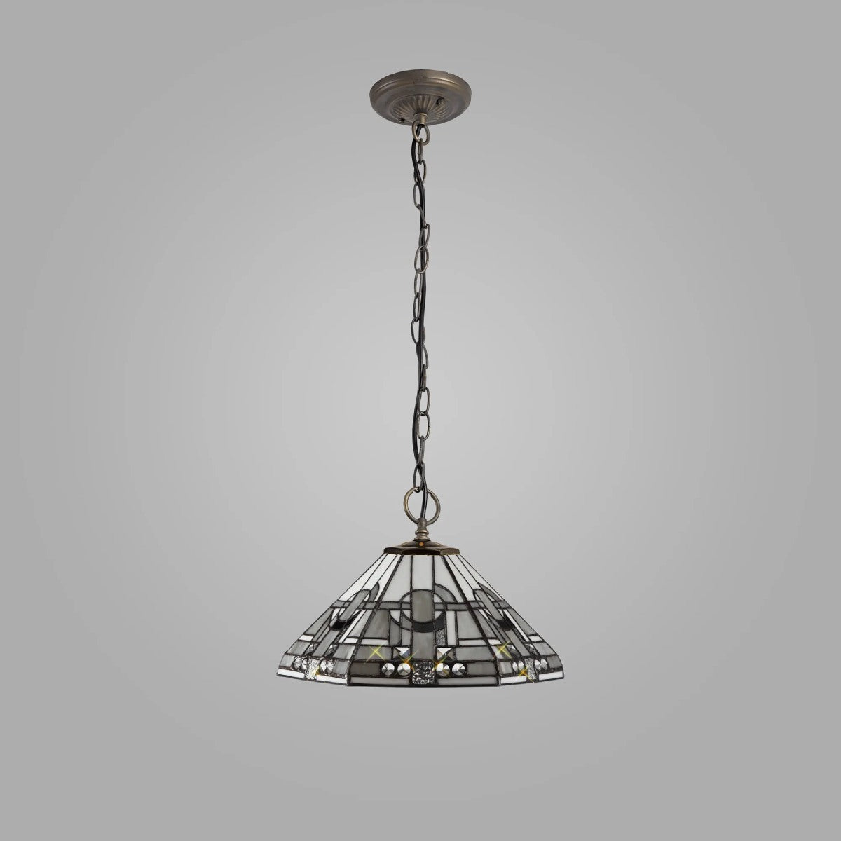 Novena Riom 3 Light Tiffany Downlighter Pendant with 40cm Shade in White Grey Black Clear Crystal Aged Antique Brass