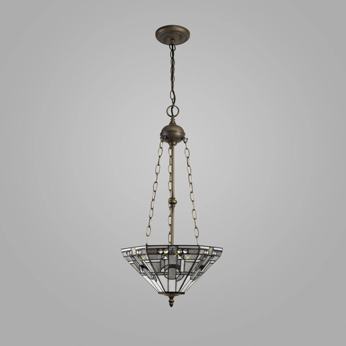 Novena Riom 3 Light Tiffany Uplighter Pendant with 40cm Shade in White Grey Black Clear Crystal Aged Antique Brass