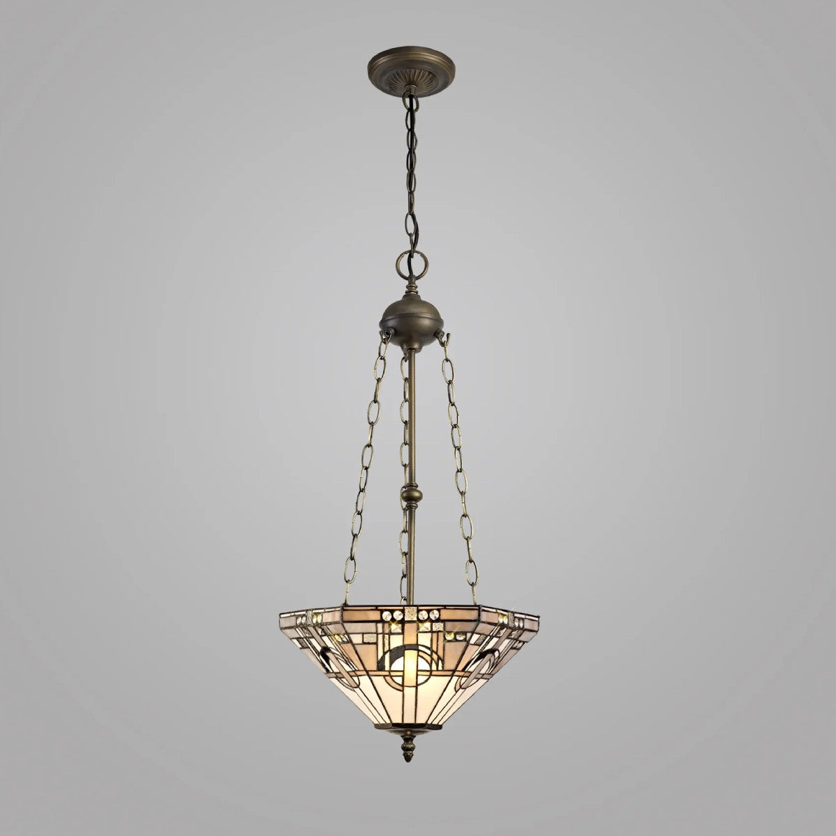 Novena Riom 3 Light Tiffany Uplighter Pendant with 40cm Shade in White Grey Black Clear Crystal Aged Antique Brass