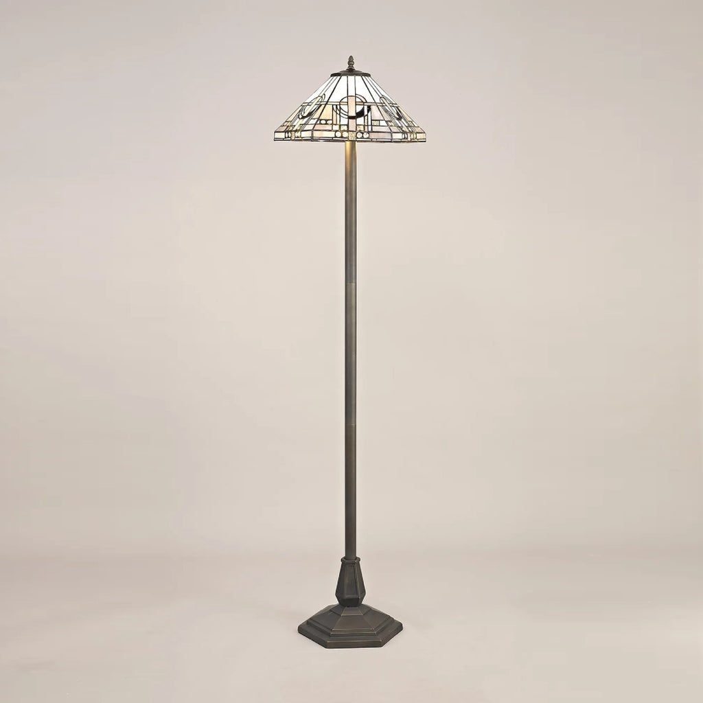 Novena Riom 2 Light Tiffany Octagonal Floor Lamp with 40cm Shade in White Grey Black Clear Crystal Aged Antique Brass