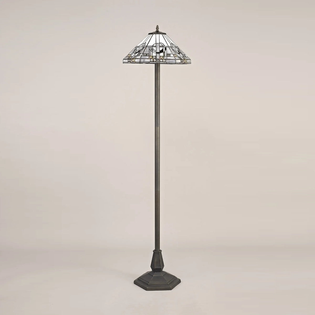 Novena Riom 2 Light Tiffany Octagonal Floor Lamp with 40cm Shade in White Grey Black Clear Crystal Aged Antique Brass