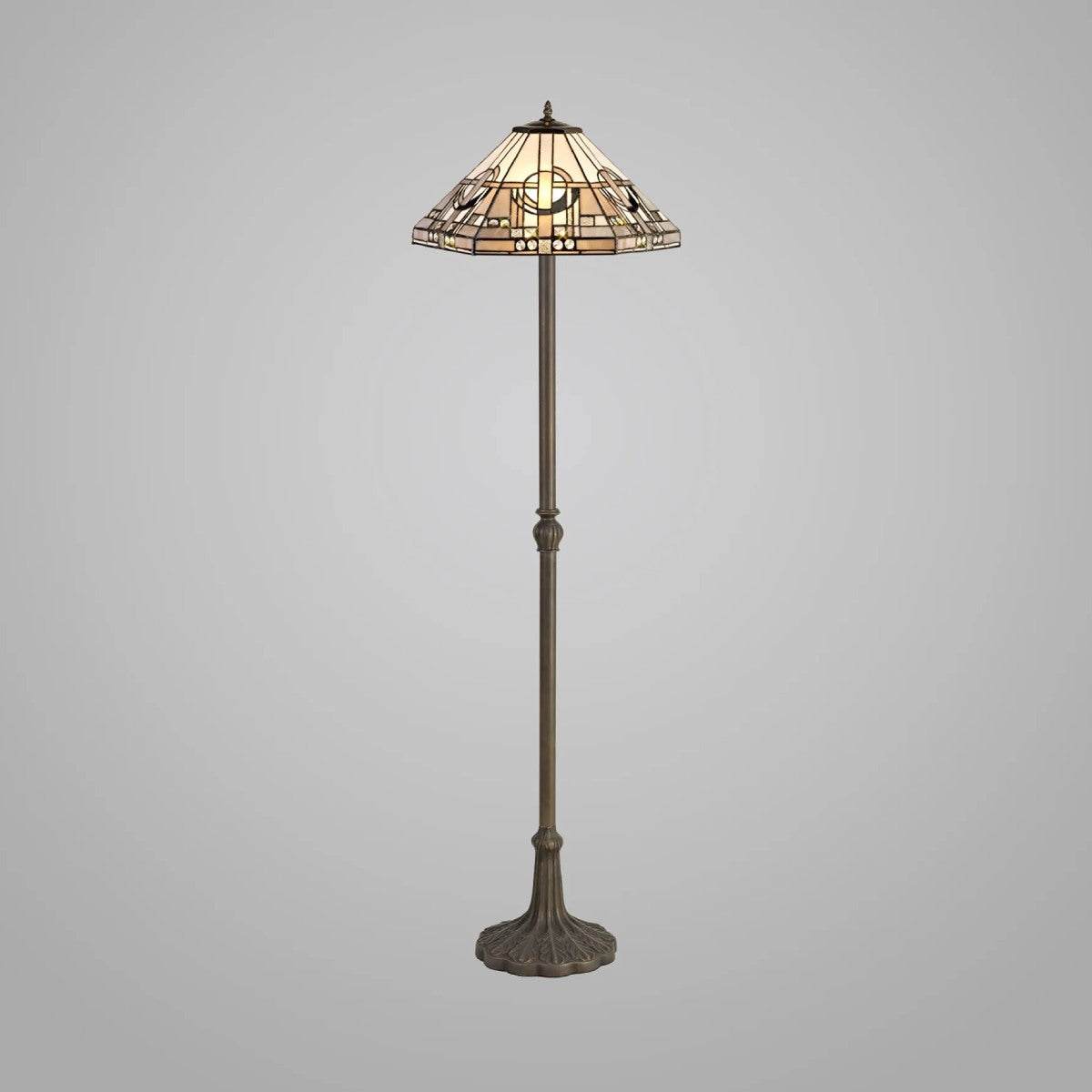 Novena Riom 2 Light Tiffany Leaf Design Floor Lamp with 40cm Shade in White Grey Black Clear Crystal Aged Antique Brass