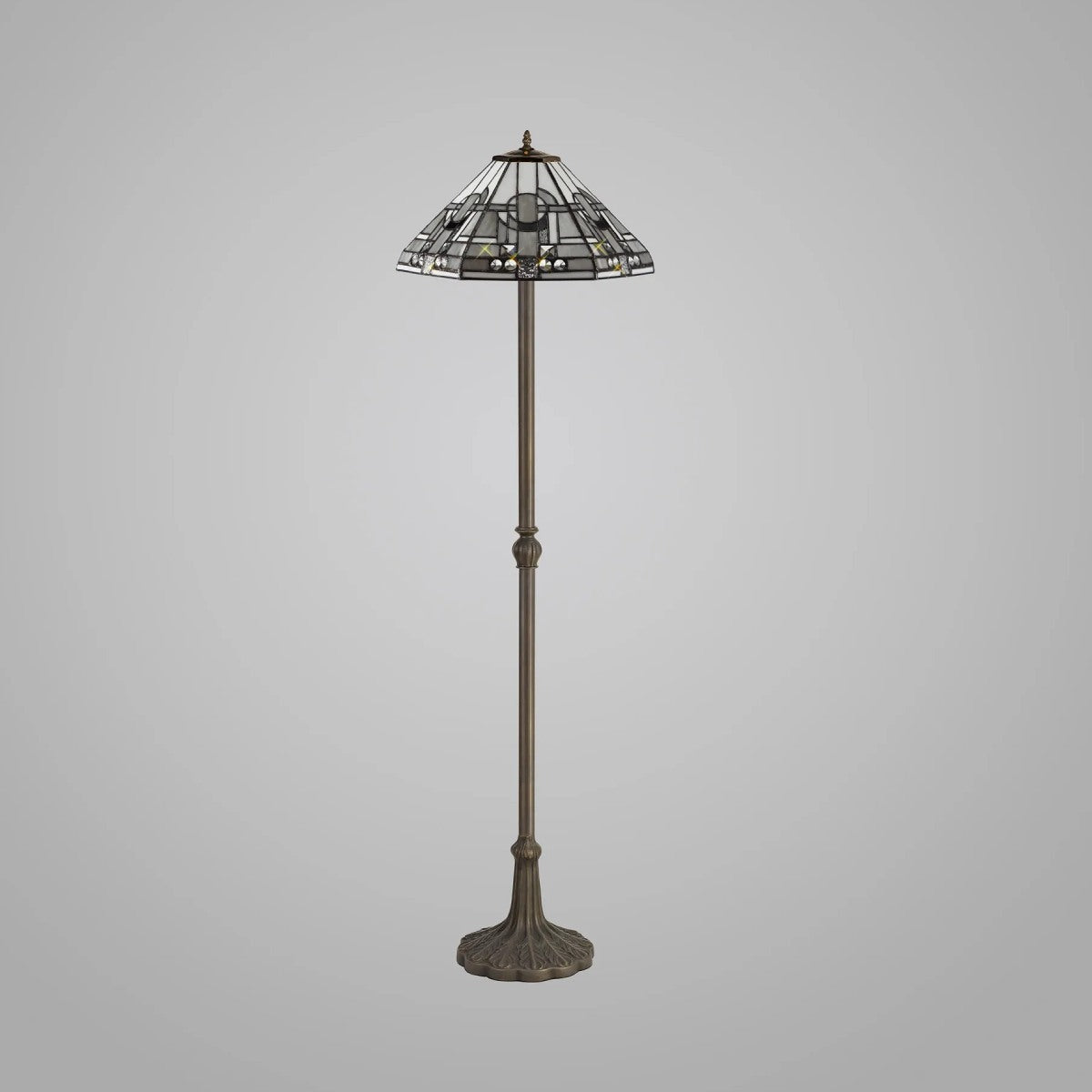 Novena Riom 2 Light Tiffany Leaf Design Floor Lamp with 40cm Shade in White Grey Black Clear Crystal Aged Antique Brass