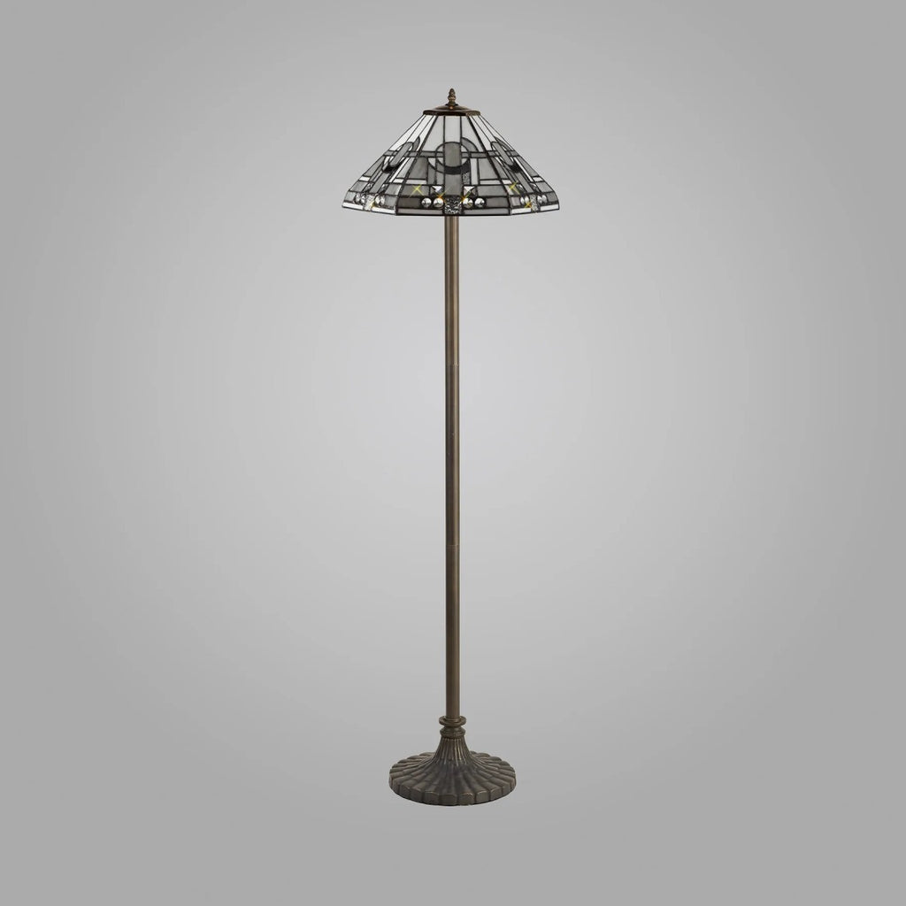 Novena Riom 2 Light Tiffany Stepped Design Floor Lamp with 40cm Shade in White Grey Black Clear Crystal Aged Antique Brass