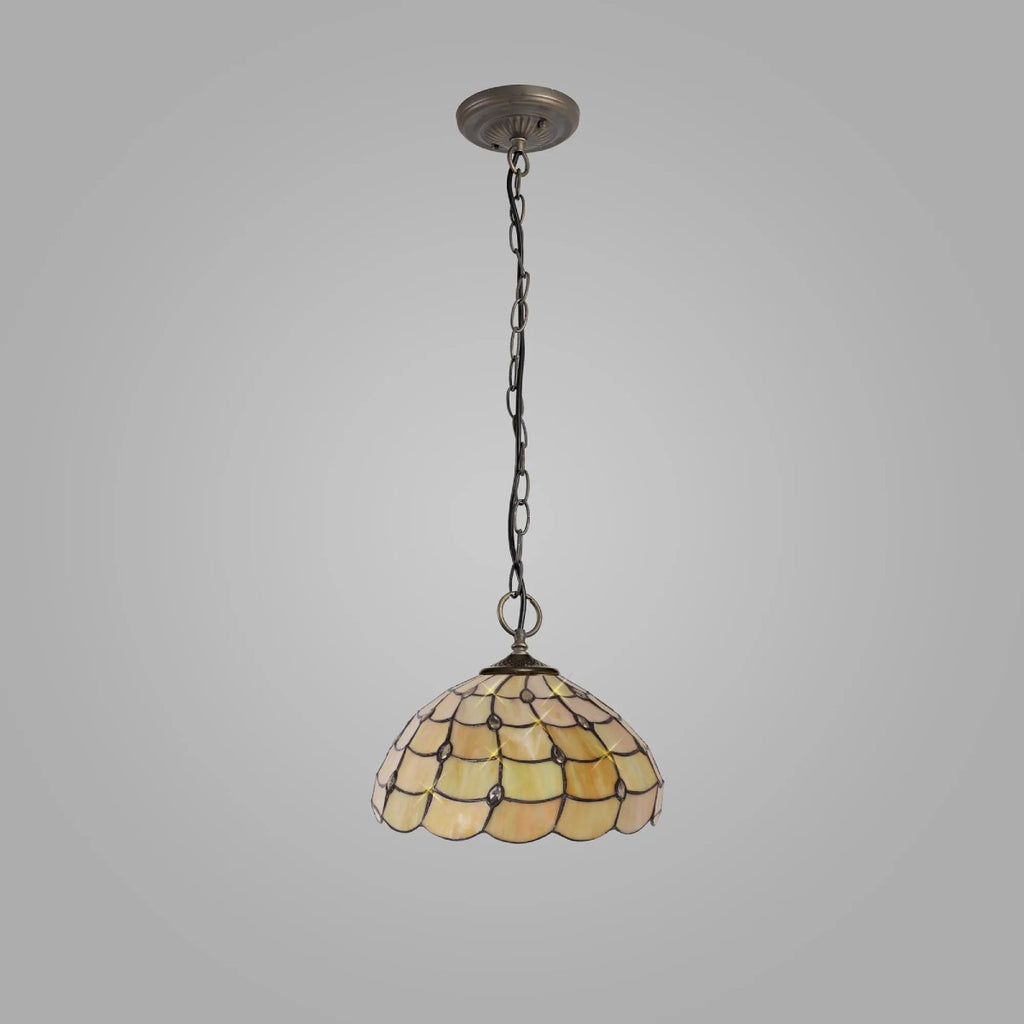 Novena Amboise 3 Light Tiffany Downlighter Pendant with 30cm Shade in Beige Clear Crystal Aged Antique Brass