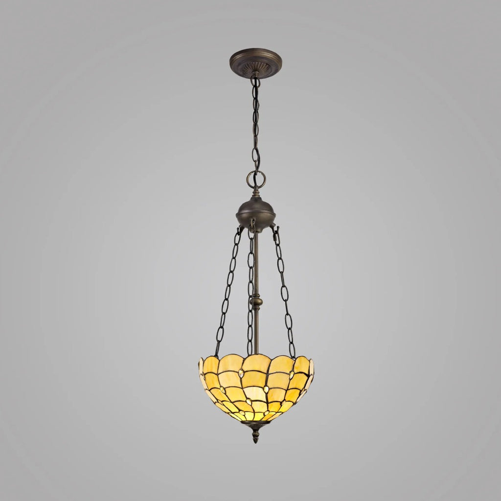 Novena Amboise 2 Light Tiffany Uplighter Pendant with 30cm Shade in Beige Clear Crystal Aged Antique Brass