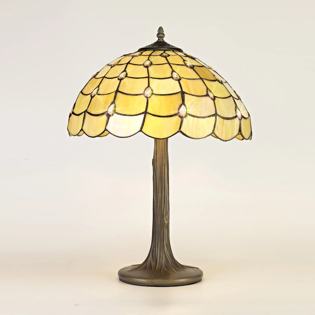 Novena Amboise 2 Light Tiffany Tree Like Table Lamp with 40cm Shade in Beige Clear Crystal Aged Antique Brass