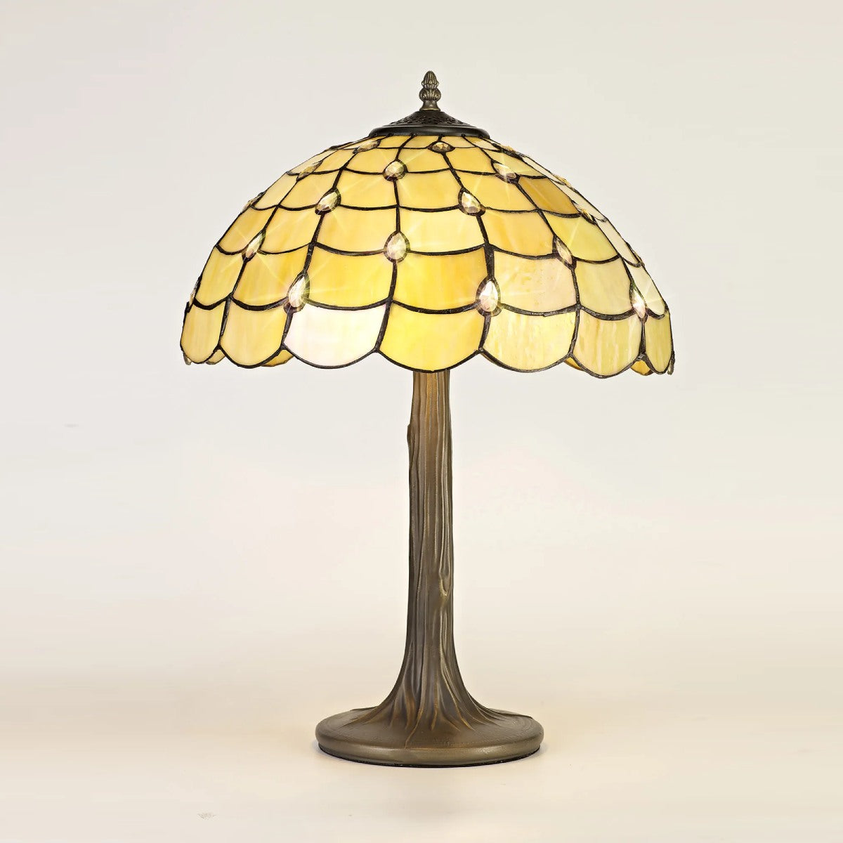 Novena Amboise 2 Light Tiffany Tree Like Table Lamp with 40cm Shade in Beige Clear Crystal Aged Antique Brass