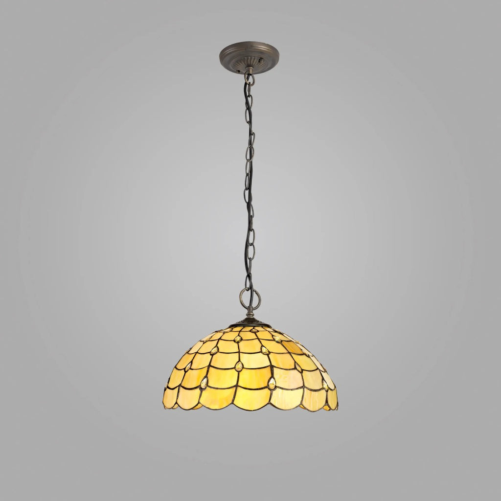 Novena Amboise 3 Light Tiffany Downlighter Pendant with 40cm Shade in Beige Clear Crystal Aged Antique Brass