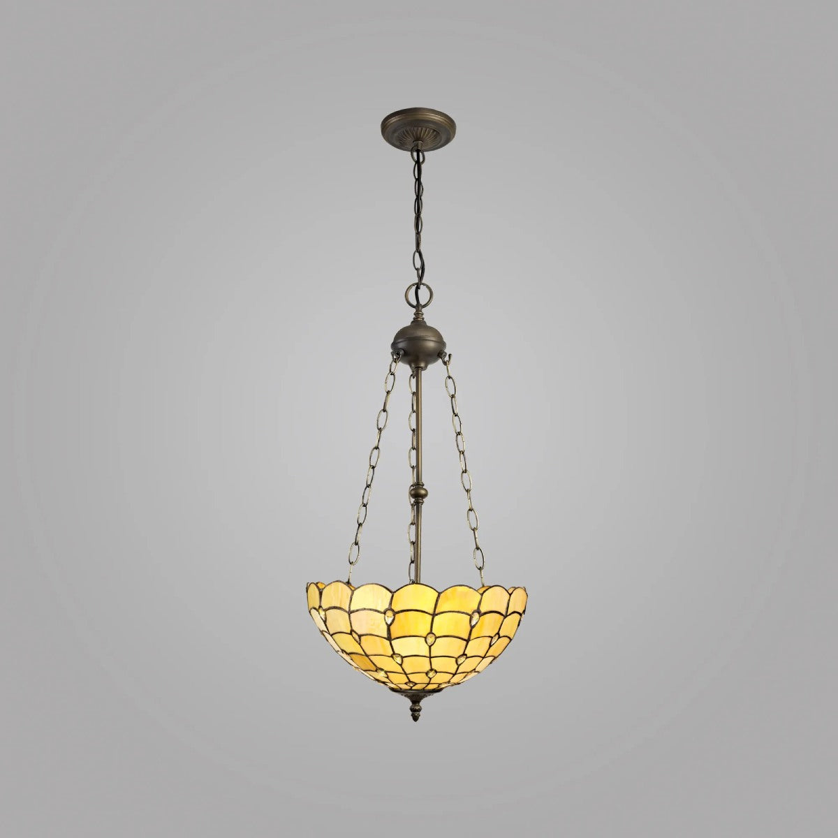 Novena Amboise 3 Light Tiffany Uplighter Pendant with 40cm Shade in Beige Clear Crystal Aged Antique Brass