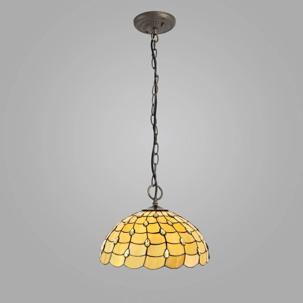 Novena Amboise 3 Light Tiffany Downlighter Pendant with 50cm Shade in Beige Clear Crystal Aged Antique Brass