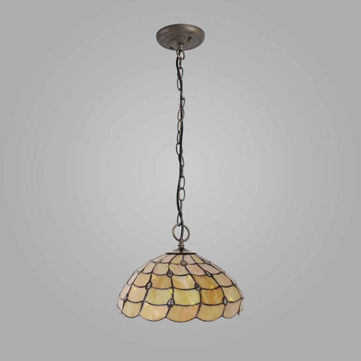Novena Amboise 3 Light Tiffany Downlighter Pendant with 50cm Shade in Beige Clear Crystal Aged Antique Brass