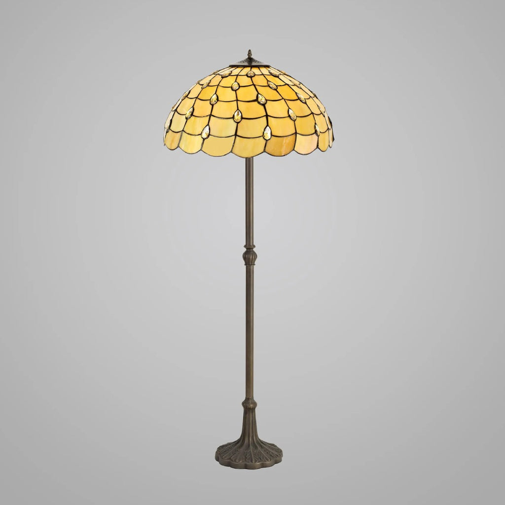 Novena Amboise 2 Light Tiffany Leaf Design Floor Lamp with 50cm Shade in Beige Clear Crystal Aged Antique Brass
